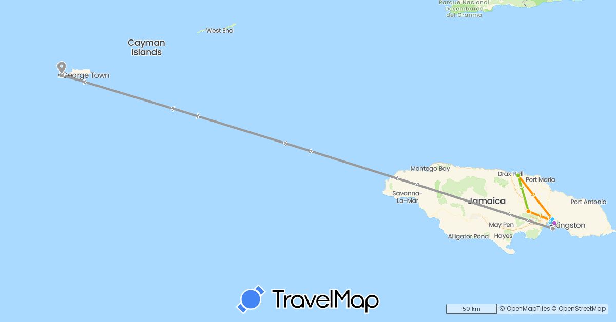 TravelMap itinerary: plane, train, boat, hitchhiking, electric vehicle in Jamaica, Cayman Islands (North America)